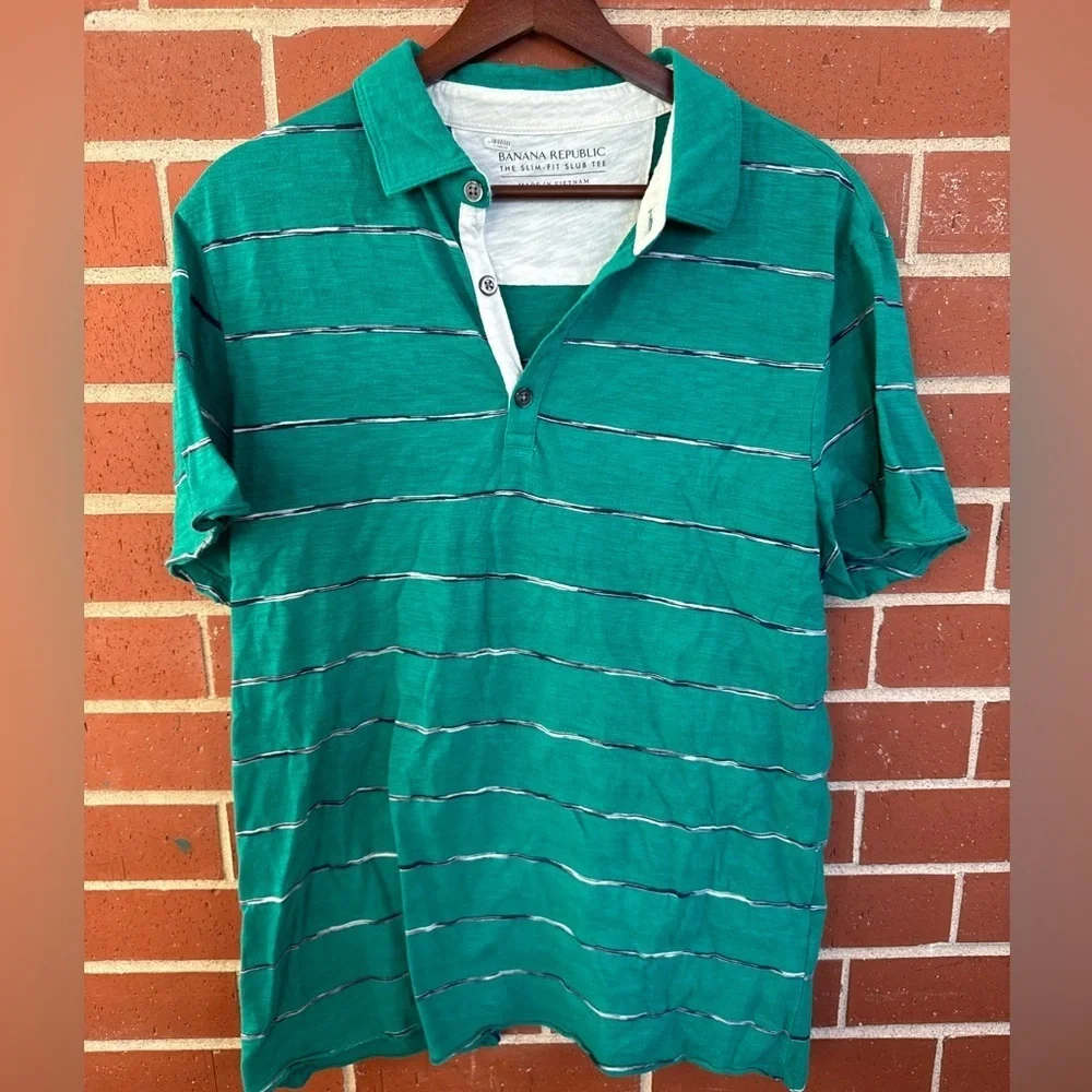 Banana Republic Slim Fit Slub Tee Polo Shirt Green Striped Men’s Large